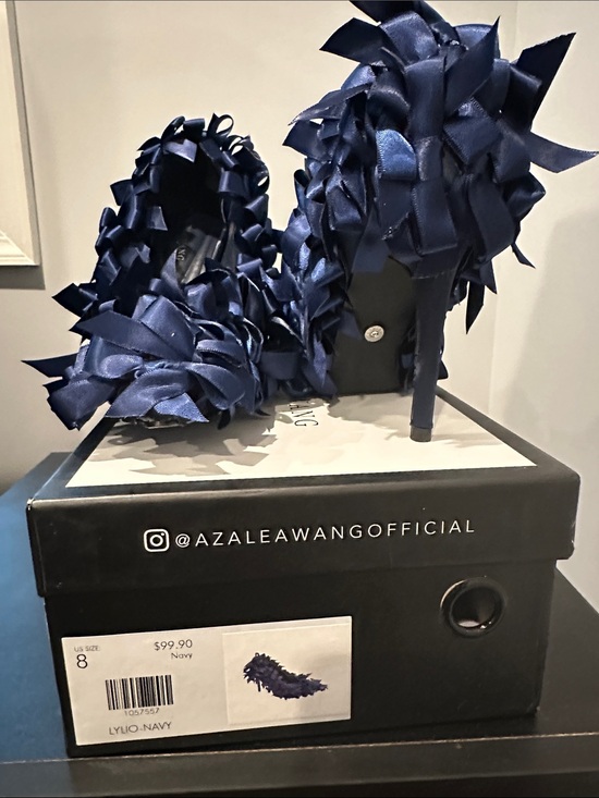 Azalea Wang Shoes - Azalea Wang Navy Satin Ribbon Heels